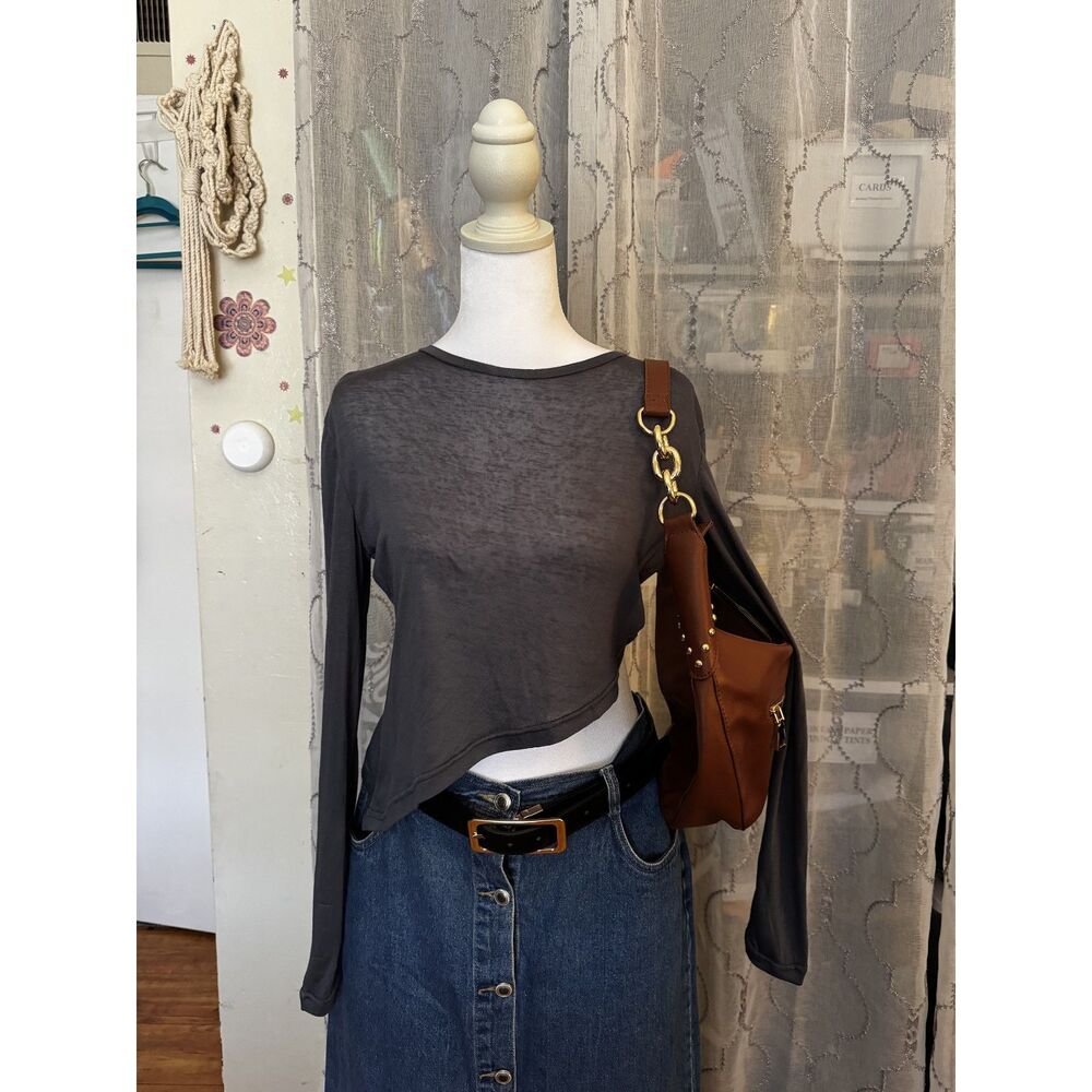 Edikted Womens XS Gray Sheer Asymmetric Hem Long Sleeve Crop Top NWT Y2K
